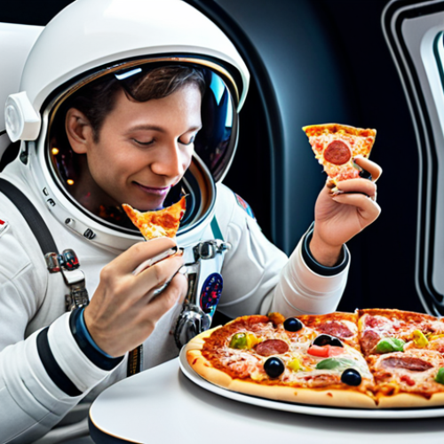 Home 4 **Astronaut enjoying a meal printed by a 3D printer in a spaceship. The meal is a colorful pizza with various toppings.**